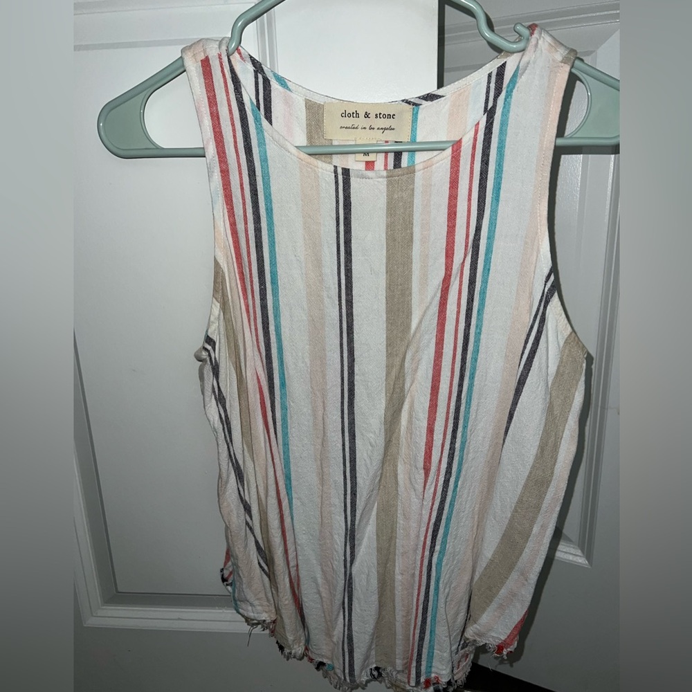 Cloth & Stone Beige Stripe Side Button Linen Blend Tank Top Shirt Blouse Medium